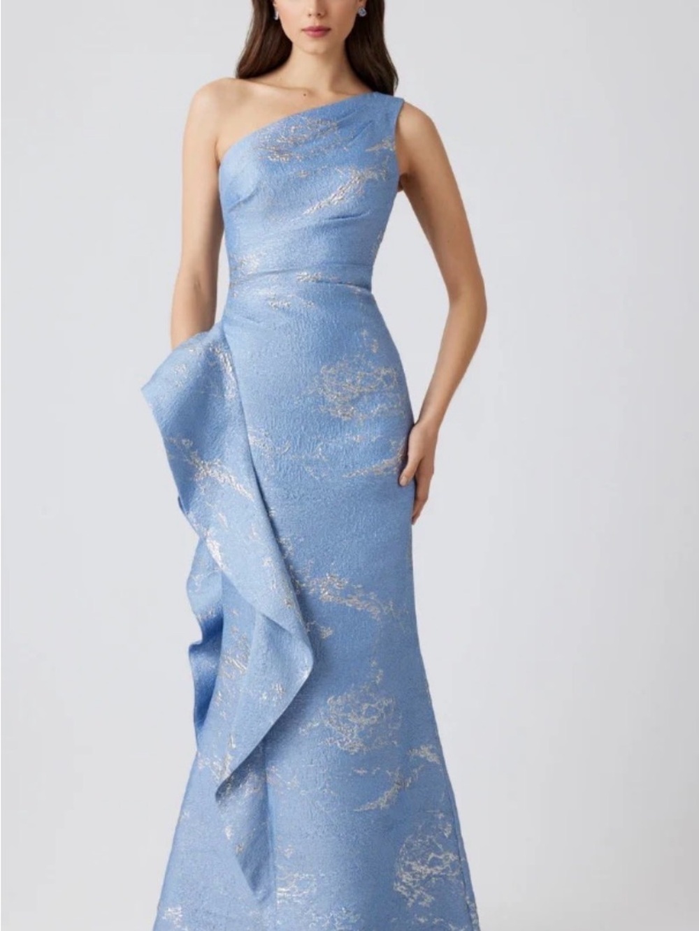 Teri Jon Light Blue One-Shoulder Metallic Jacquard Gown